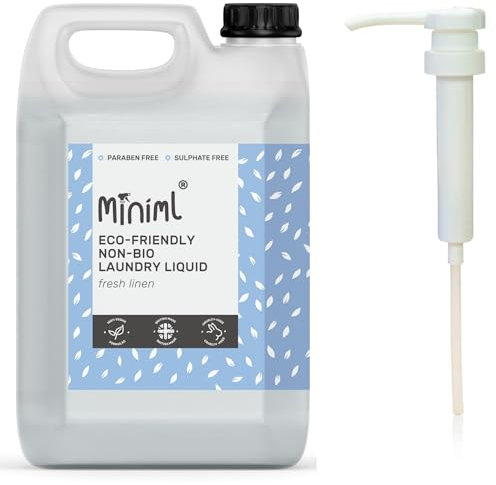 Miniml Eco Laundry Liquid Washing Detergent - 5L Refill and 5L Pump - Natural Non Bio Fresh Linen Scented Clothes for Machine or Delicate Hand Cleaning - 100% Vegan & Cruelty Free (165 Washes)