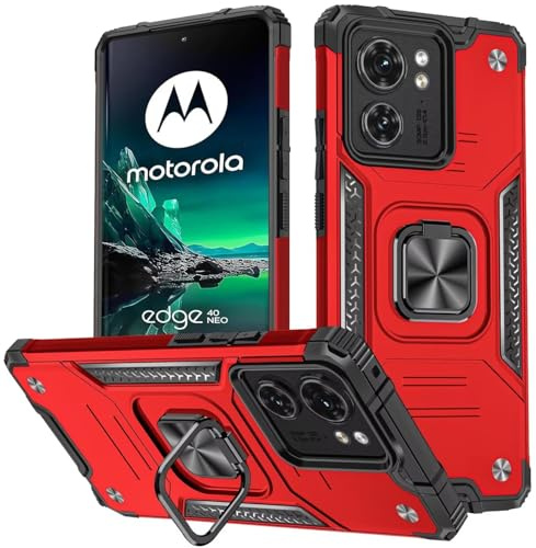 KANSi Funda para Motorola Moto Edge 40 Neo, Capa Anillo iman Soporte Hard PC y Silicona TPU Antigolpes Armor Carcasa - Rojo