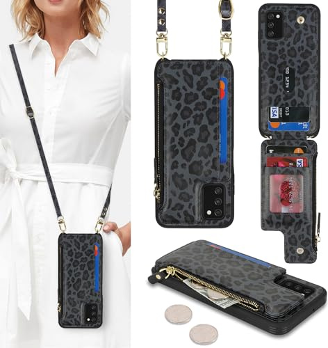 SailorTech för Samsung Galaxy A03s telefonfodral med kreditkortshållare för kvinnor, Samsung Galaxy A03s läderfodral plånbok crossbody med kortfack, dragkedja stöttåligt fodral för män – svart leopard