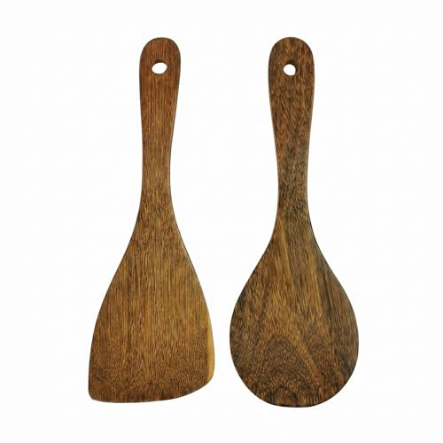 Xvnoesza, Wooden Spatula, Ergonomic Comfort, Wood Kitchen Spoon, Wooden Serving Spoon, Heat and Moisture Resistant, 2Pcs Set for Cooking and Serving, 23.2 x 9.6 x 1.5 cm, Natural Wood