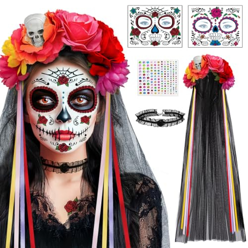 BOYATONG Halloween Haarreif Dia de Los Kostüm Damen, Mexikanisches Totenfest Totenkopf-Blumenschleier, Gesichtstattoo, Kragen und Diamantaufkleber,Halloween Tag der Toten Kopfschmuck Damen Gruselig
