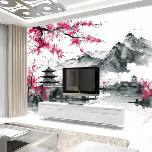 Générique Murale Photo Papier Peint 400 x 280 cm Intissé Tableaux Poster Mural Tapisserie Temple Sakura Au Japon Papier Peint Panoramique Gris Salon Maison Décorative Tenture Appartement