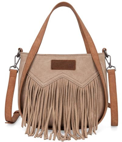 Wrangler Fringe Top-Handle Bag Medium Western Crossbody Purse for Women, Tan