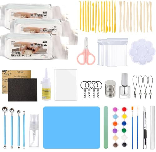 Kit Completo de Arcilla Secada al Aire con Herramientas - Set DIY con Pinturas Acrílicas, Barniz, Palo y Pinceles para Principiantes en Cerámica Blanca