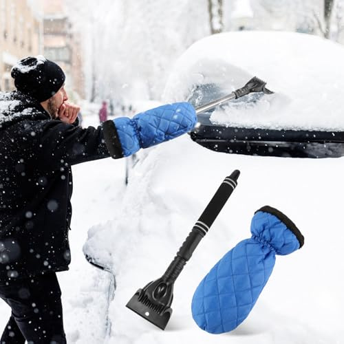 Lyneun Eiskratzer Auto mit Handschuh, Scheibenkratzer Auto mit Handschuh, Eiskratzer mit Rutschfestem Griff, Ausziehbarer Ice Scraper Car für Fahrzeug Windschutzscheibe und Haushaltsfenster (Blau)