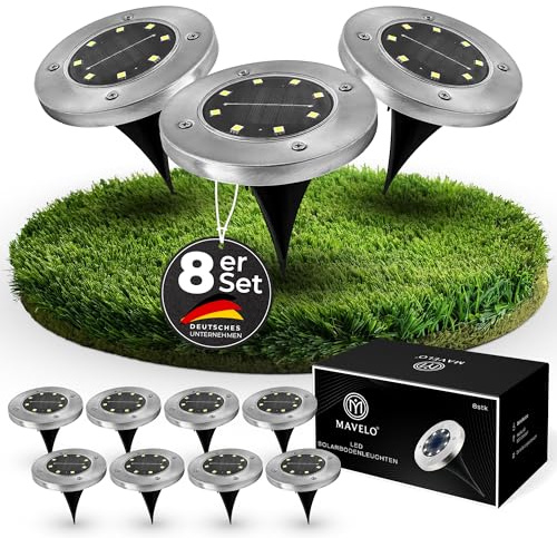 Mavelo 8 Stück Solarbodenleuchten, LED-Solarleuchten für außen, Solarlampen für außen Garten,Solarlampen für Garten, Gartenbeleuchtung, IP65, Beleuchtung für Einfahrten und Gehwege, weißes Licht