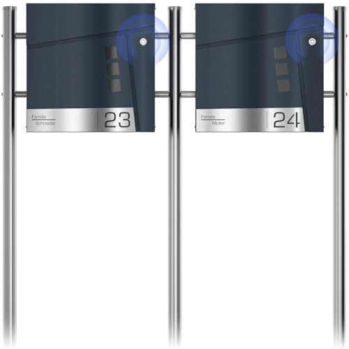Graviers Design Funk 2er Standbriefkasten mit Zeitungsfach - Briefkasten personalisiert Edelstahl Namensschild Hausnummer - Anthrazit RAL 7016 Postkasten mit Sichtfenster Schloss