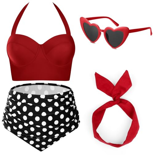 JaGely 4-teiliges Retro-Bikini-Set für Damen im Stil der 1950er Jahre, Vintage-Stil, hohe Taille, Badeanzüge, Draht-Stirnband und Herz-Sonnenbrille, Schwarz und Rot, Medium