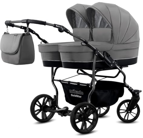 Cochecito doble gemelar 3en1. Carrito las 3 piezas y accesorios: 2 capazos + 2 sillas de paseo + 2 sillas de coche + accesorios. BBtwin Gold Star. Gris