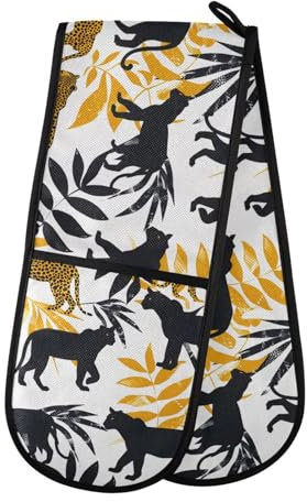 Ofenhandschuhe, doppelte Ofenhandschuhe, Leopardenmuster, weiß, hitzebeständig, gesteppt, für Grillen, Backen, Küche, Kochen, Handschuhe