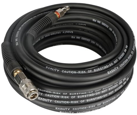 EADUTY Air Compressor Hose, Heavy Duty Hybrid Air Hose 1/4 I.D by 15 M Length, 300 PSI Air Compressor Accessories with Bend Restrictors and 1/4 Euro Quick Connect Fittings. Black