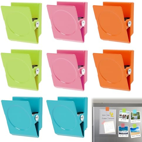 LUCTHY 9 Pcs Magnetic Clips for Fridge & Whiteboard, Colourful Magnets | 9 colourful magnet clips. Strong magnetic hold for notes, photos & memos. Scratch-resistant. For fridge, whiteboard & lockers