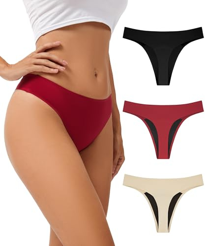 YESWEL Period Thong Underwear for Women, Leakproof Reusable Washable Menstrual Seamless Bikini Panties 3 Pack (US, Alpha, Medium, Regular, Regular, Multicolor001)