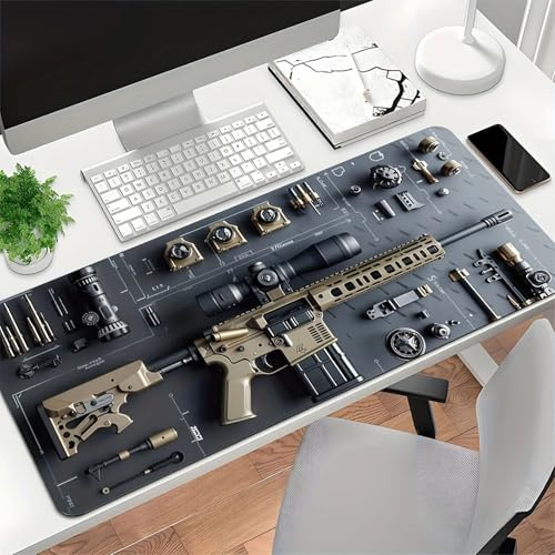 Cool Military Weapon Build Weapon Parts Display Large Gaming Mouse Pad, Stylish Desk Protector, Military Mouse Pad for Laptop & Desktop Use, Computer Office Supplies Accessories (H,15.7 * 35.4 in)
