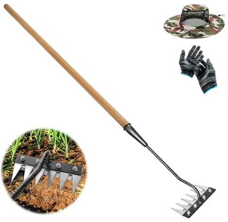 Gardenia Iron Weeding Rake, 2.0 Iron Weeding Rake with Long Handle, 6 Teeth Heavy Duty Weed Puller Tools for Gardening, Weedings ,Lawn