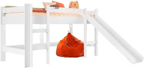 Miroytengo Cama Alta Infantil, Cama con Tobogán y Escalera Nubbi, con Láminas de Somier, Melamina Blanco 80x190 cm