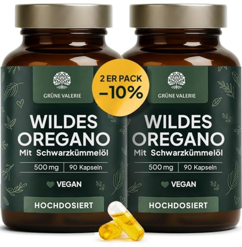Grüne Valerie Wildes Berg-Oreganoöl + Schwarzkümmelöl Kapseln 180 Stück – Hochdosiert & Laborgeprüft – 82% Carvacrol & Schwarzkümmelöl – Origanum vulgare aus dem Mittelmeerraum – 250 mg Kapseln