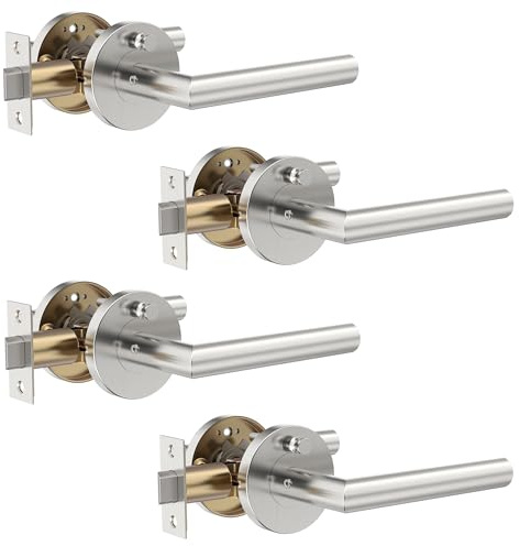Zylaria 4 Pack Stainless Steel Privacy Door Handle - Keyless Push Button Lock, Satin Nickel Finish, Reversible Left/Right Hand Lever