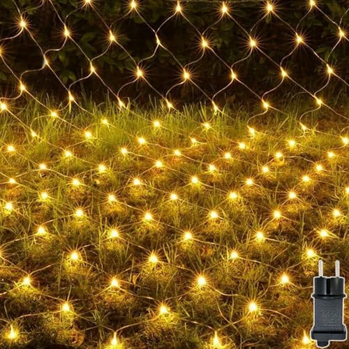 Meision Lichternetz Außen 3 x 3m 272 LEDs, Erweiterbar Mesh Lichtervorhang mit Timer + 9 Modi + Stecker + Speicherfunktion + IP44, Lichterkette Innen Netz für Büsche, Garten, Balkon, Warmweiß