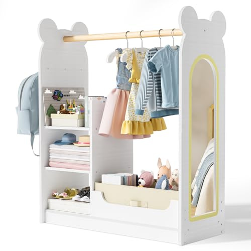BlueWood Dress Up Storage Kids Wardrobe with Mirror, Toddler Princess Costume Closet with Hanging Rod, 3 Shelves & Storage Bins, Armoire Rack for Little Girls Ages 3-7, White Bear