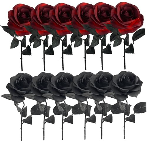 12 Stück Gothic-Blumen, 50, 8 cm, rote und schwarze Seiden-Halloween-Rosen, künstliche Blumen, Kunstrosen-Blumenstrauß mit langem Stiel für Hochzeiten, Tafelaufsätze, Halloween-Gothic-Dekorationen, Ro