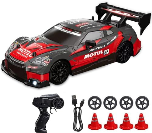 KUWUNG RC Drift Car, 1:24 Remote Control Cars with Cool LED Lighting, 2.4 GHz Rechargeable Mini RC Drift Car, 30km/h, 4WD Toy Vehicle Gift for Kids and Adults (Red)