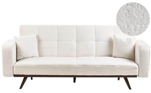 Beliani 3-Sitzer Sofa Bouclé cremeweiß gepolstert gesteppt mit Schlaffunktion 2 Kissen Dunkle Metallbeine Hjulby