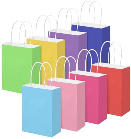 40 bolsas de papel, bolsas de regalo, bolsas de papel kraft con asa, 15 x 8 x 21 cm, bolsas de regalo, bolsas de papel kraft, para compras, bodas, embalajes, fiestas, cumpleaños, multicolor