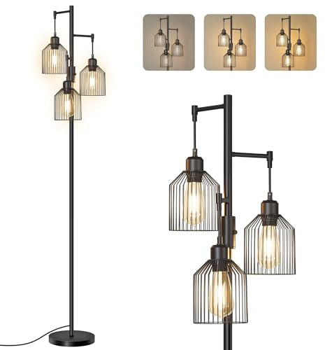VASAGLE Lampada da Terra, Piantana con 3 Lampadine, Luminosità Regolabile, Paralume in Metallo, 3 Attacchi E27, Nero Inchiostro LFL013BD02