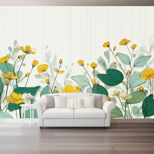 Carta da parati non tessuta 200 x 140 cm Fiori Ad Acquerello Poster gigante da parete - per la decorazione della parete della camera da letto del soggiorno, Giallo Verde