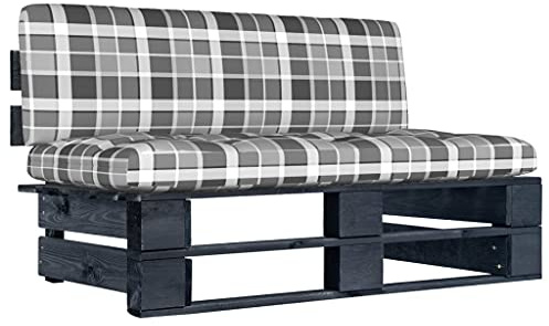 mtlskopl Paletten-Mittelsofa Schwarz 110x65x55 cm Kiefer imprägniert mit Grau-Karo-Kissen Robust und Modular für Garten Balkon Terrasse und Wohnzimmer