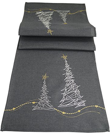 khevga Tischläufer Tischdecke Weihnachten modern in Grau mit Stickerei Gold Silber (Grau_Baum)