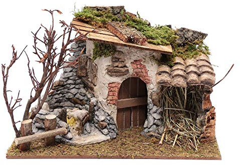 Holyart Miniatur-Verkaufsstände, Häuser und -Brunnen für Krippen: Bauernhaus mit Schafstall, Gips, Krippenzubehör, 20x30x25 cm