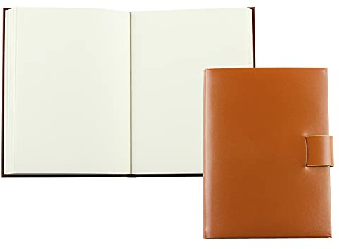 DELMON VARONE - Personalisierbares Notizbuch DIN A6 gebunden in Premium Cambridge Top Grain Leder (Rindspaltleder) braun, Blanko Buch ohne Linien im Softcover Ledereinband mit Verschlusslasche