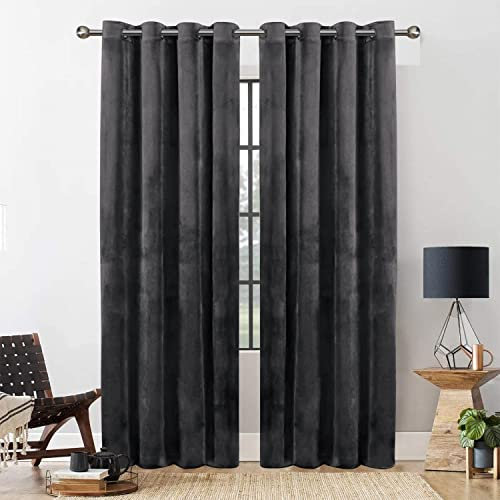 Yorkshire Bedding Blackout Curtain 54 Drop Eyelet Room Darkening Charcoal Crushed Velvet Curtains for Bedroom Decor Fully Lined Window Curtains + Tie Backs (116cm x 137cm)