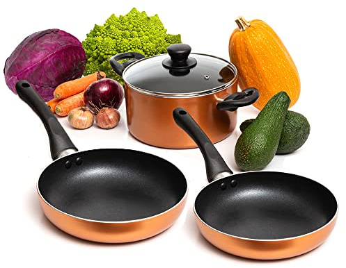 Moss & Stone 4 Peice Nonstick , Aluminum, Copper Pots and Pans Set with Glass Lid, Copper Cookware Set