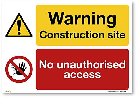 Warnschild Baustelle No unauthorised access, A3 420 x 297 mm, PVC starrer Kunststoff, Bau, Renovierung, Baustellen-Sicherheitsschilder