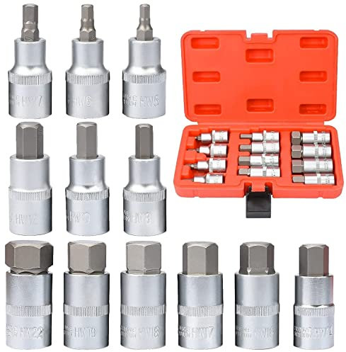 Drado Juego de llaves de vaso hexagonales 1/2 Premium S2 Aleación de acero Juego de llaves de vaso de aleación de acero, 12 piezas, métricas