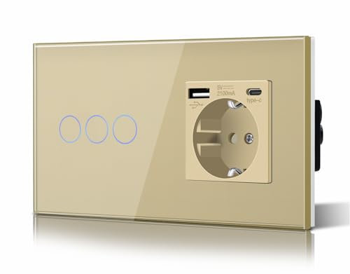 BSEED Interruptor Tactil luz pared,Vidrio Panel con luz Piloto,Sin Función Wifi,3 Gang 1 Vía,157mm Oro