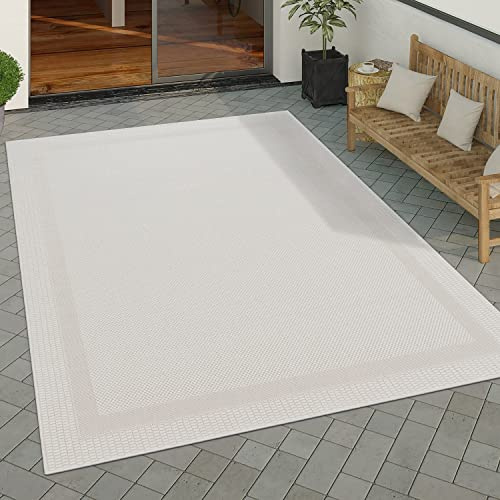 Paco Home Outdoor Teppich wetterfest & pflegeleicht Flachgewebe in Sisal-Optik mit Bordüre UV-beständig Modern für Balkon, Terrasse, Garten, Wohnzimmer, Grösse:200 cm Quadrat, Farbe:Weiß