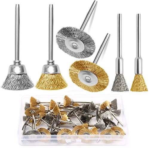 48 Piezas Juego de Mini Cepillos de Alambre de Latón/Inox, Conjunto de Cepillo de Alambre de Acero para Dremel Esmeriladora Herramientas Rotatorias, limpieza de óxido de Metal, 3 mm Vástago