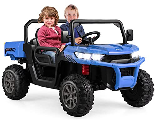 COSTWAY 2 Sitzer Elektroauto mit automatische Ladefläche, 12V Kinder Muldenkipper mit Musik, Hupen und Scheinwerfer, 3-8 km/h, inkl. Schaufel und 2,4GHz Fernbedienung (Blau)