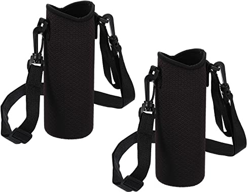 PATIKIL 2 Stück Tasche für Trinkflasche, 450ml-600ml Neopren Flaschentasche zum umhängen Mit abnehmbarem und verstellbarem Schultergurt, für Wandern Laufen Spazieren, Schwarz
