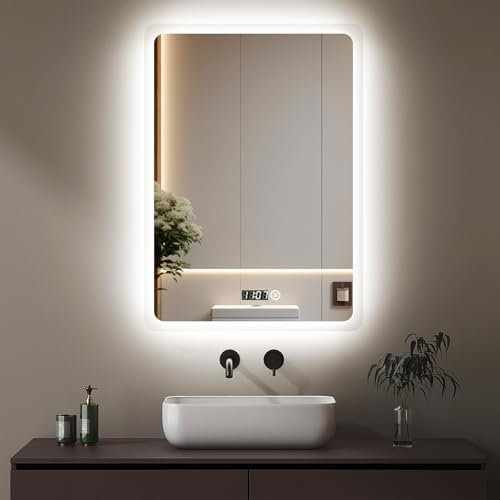 Boromal LED Badspiegel mit Beleuchtung und Uhr 50x70cm Badezimmerspiegel mit Beleuchtung 3 Lichtfarbe Dimmbare 3000-6500K 2470LM Wandspiegel Lichtspiegel LED Spiegel mit Uhr + Touchschalter