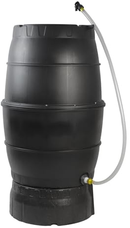 SQUEEZE master 50 Gallon Rainwater Collection Barrel with Stand-BPA Free Home Rain Catcher with Outlet Hose-Flatback Designed Water Storage Collection Barrel for Gardens and Plants