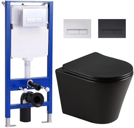 Inodoro colgante sin bordes, color negro mate con cisterna empotrada, inodoro y elemento de pared completo, 2 placas de pulsador, pared con cierre suave automático, inodoro de un solo orificio