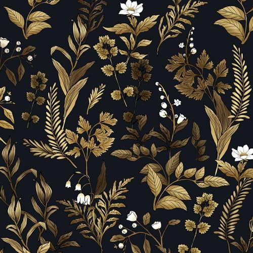 VOLEAAR Papier peint bohème vintage à décoller et à coller - Motif feuilles et fleurs - Papier peint mural à coller sur dosseret de chambre - Amovible et imperméable - Noir doré - 45 cm x 1000 cm