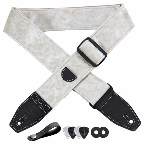 YIKOKO Sangle de guitare en velours de 5,1 cm avec extrémité en cuir pleine fleur, pour guitares basses, électriques et acoustiques, bouton de sangle, 2 verrous de sangle et 4 médiators