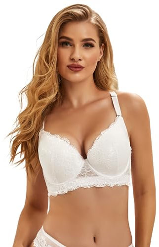 ohmydear Women's Lace Bras Underwired Padded T-Shirt Bra Ladies Full Coverage Comfort Everyday Plus Size Comfit Brassiere for Women White Push Up Bra 40E