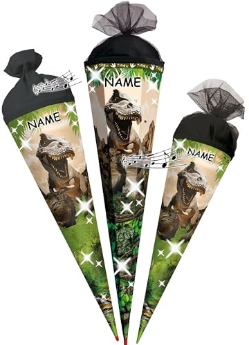 alles-meine.de GmbH Schultüte - Dinosaurier - Tyrannosaurus Rex - 35-100 cm - Größe wählbar - Holzspitze wählbar - inkl. Name - Zuckertüte - Tüll - oder Filzabschluß - eckig / ..